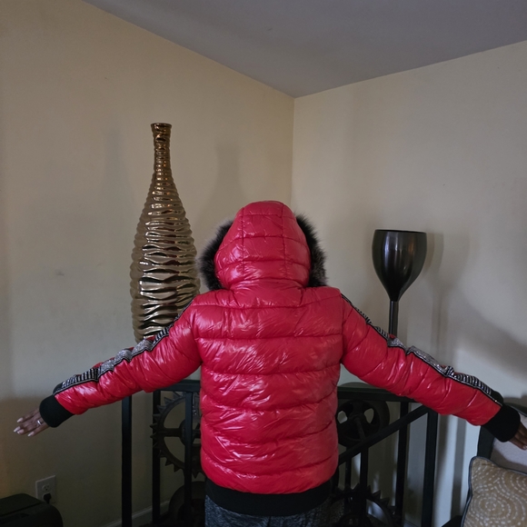 Women's Red Bomber Jacket with Fur Trim - Picture 5 of 5